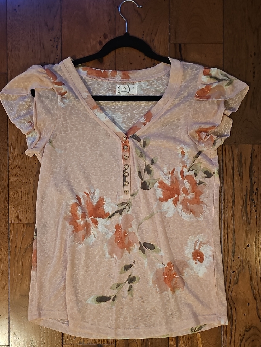 Maurices Peach Floral Henley Tee with Ruffle Sleeves